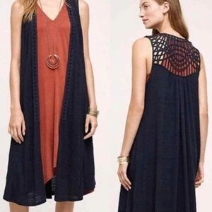 Saturday Sunday Anthropologie Navy Blue Crochet Macrame Duster Vest Bohemian